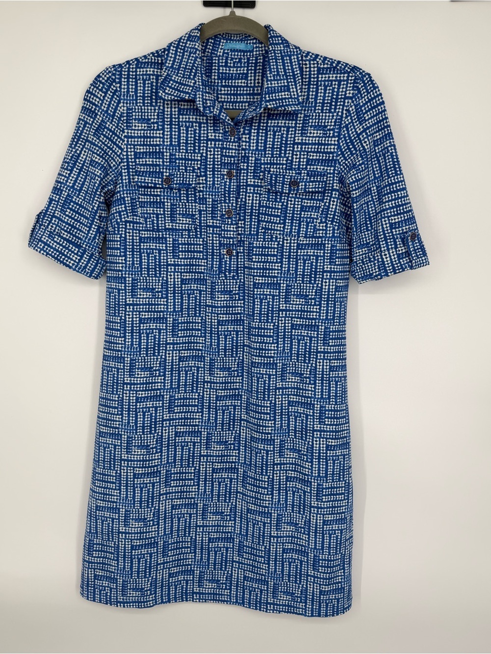J McLaughlin  Lawrence Dress Blue and White Geo Print Catalina Cloth Size XS